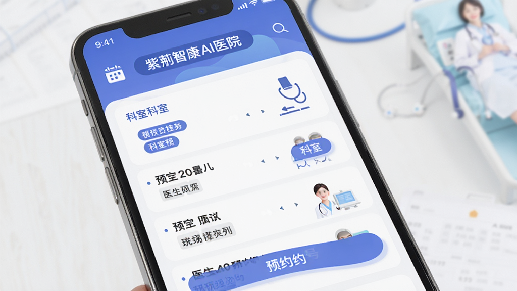 紫荆智康AI医院 在线预约挂号功能,主体为手机界面展示预约挂号页面,布局为卡片式列表,排版展示科室分类与医生信息,风格为简约商务医疗风格,细节包含日历图标、科室标签、预约按钮,画质高清,干净,无多余元素