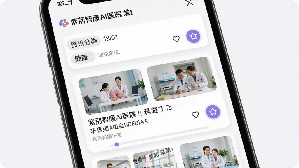 紫荆智康AI医院 健康资讯推送页面,主体为手机屏幕展示健康科普文章列表,布局为瀑布流卡片,排版展示文章标题与缩略图,风格为清爽阅读风格,细节包含资讯分类标签、阅读进度条、收藏按钮,画质高清,干净,无多余元素