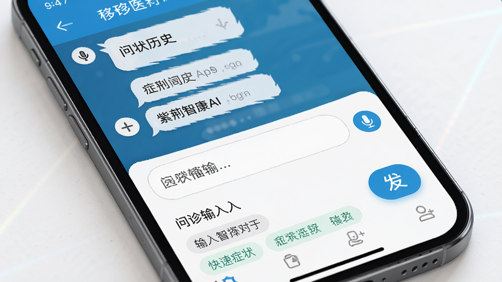 紫荆智康AI医院 移动端操作界面,主体为手机屏幕展示问诊输入框与症状选择标签,布局为上下结构,上方为对话历史,下方为输入区域,排版清晰,风格为现代医疗应用界面,细节包含麦克风图标、发送按钮、快捷症状标签,画质高清,干净,无多余元素