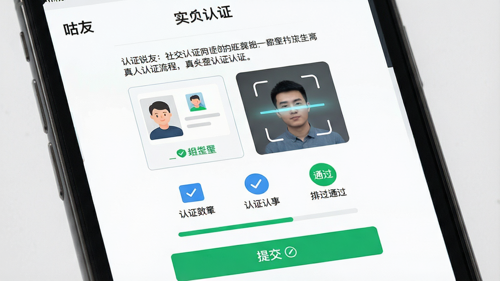 一张表现社交软件真人认证流程的图片,画面主体是手机屏幕特写,屏幕上显示
