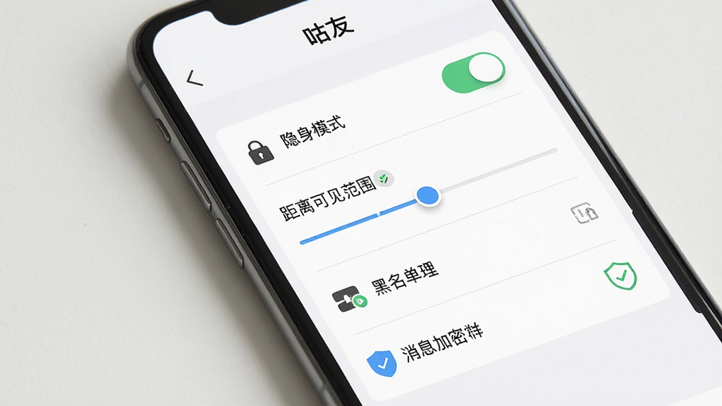 一张表现社交软件隐私保护功能的图片,画面主体是手机屏幕,屏幕上显示