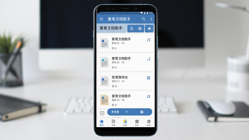 一张展示素帛文档助手手机应用界面的图片,画面中央是一部安卓手机,屏幕上显示素帛文档助手的主页,包含文档列表、功能按钮和底部导航栏,背景是整洁的办公桌面,布局居中对称,风格为现代扁平化UI设计,细节包括清晰的图标和文字标签,画质清晰,干净,无多余元素