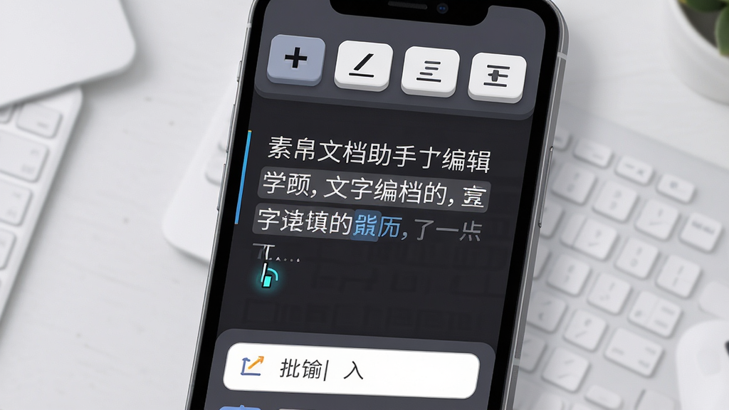 素帛文档助手文字编辑功能界面图,画面中心是手机屏幕显示一段可编辑的文字,光标闪烁,屏幕上方有加粗、倾斜、下划线等格式按钮,下方有批注输入框,背景为浅灰色工作台,布局简洁,风格为扁平化设计,细节包括按钮的立体感和文字的高亮状态,画质清晰,干净,无多余元素
