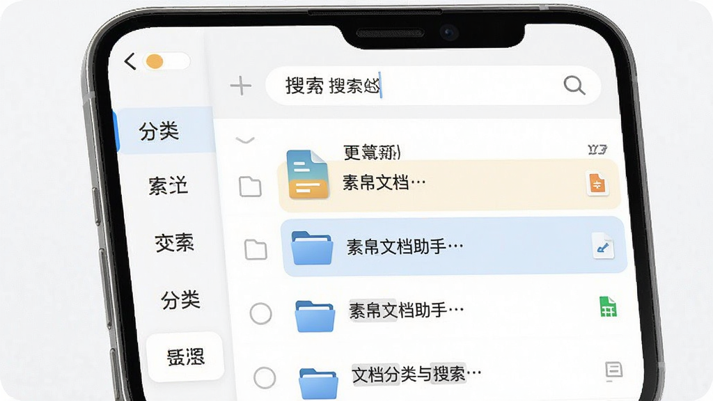 素帛文档助手文档分类与搜索功能示意图,画面展示手机屏幕上的文档管理界面,左侧是分类标签栏,右侧是文件列表,顶部有搜索框,搜索框内显示关键词,列表中匹配项高亮,布局清晰,风格为现代简约,细节包括文件夹图标和文件类型标识,画质清晰,干净,无多余元素