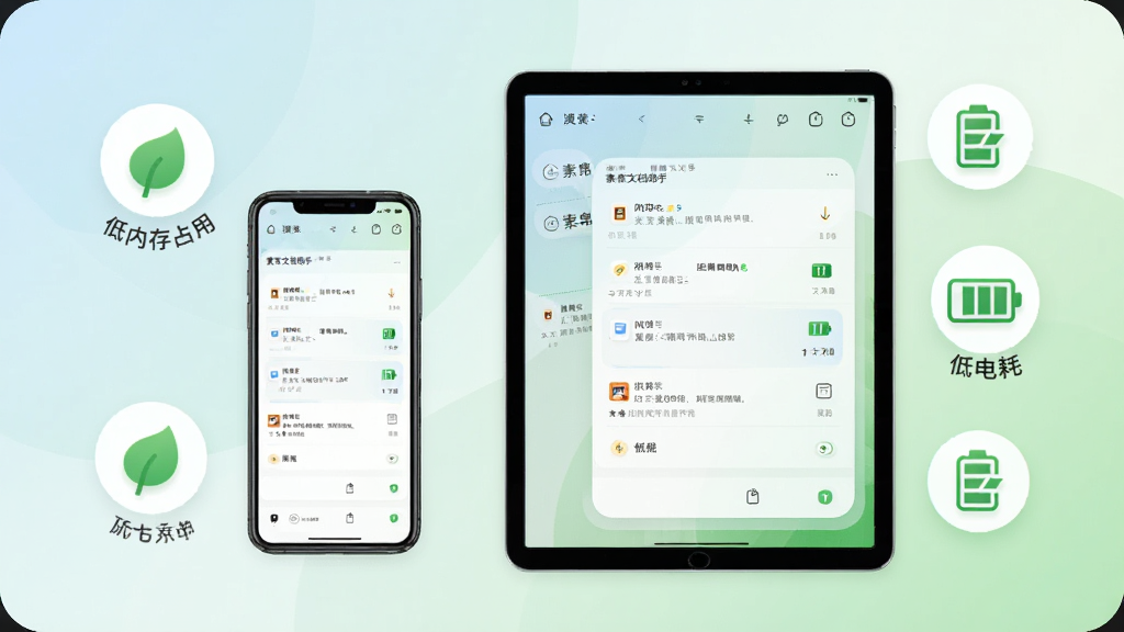 素帛文档助手轻量化设计概念图,画面是一部手机和一台平板电脑并排展示,屏幕上显示素帛文档助手的运行状态,周围有代表低内存占用和低电耗的图标如绿色叶子、电池符号,布局采用居中构图,风格为清新环保风,细节包括柔和的渐变背景和简洁的图标设计,画质清晰,干净,无多余元素