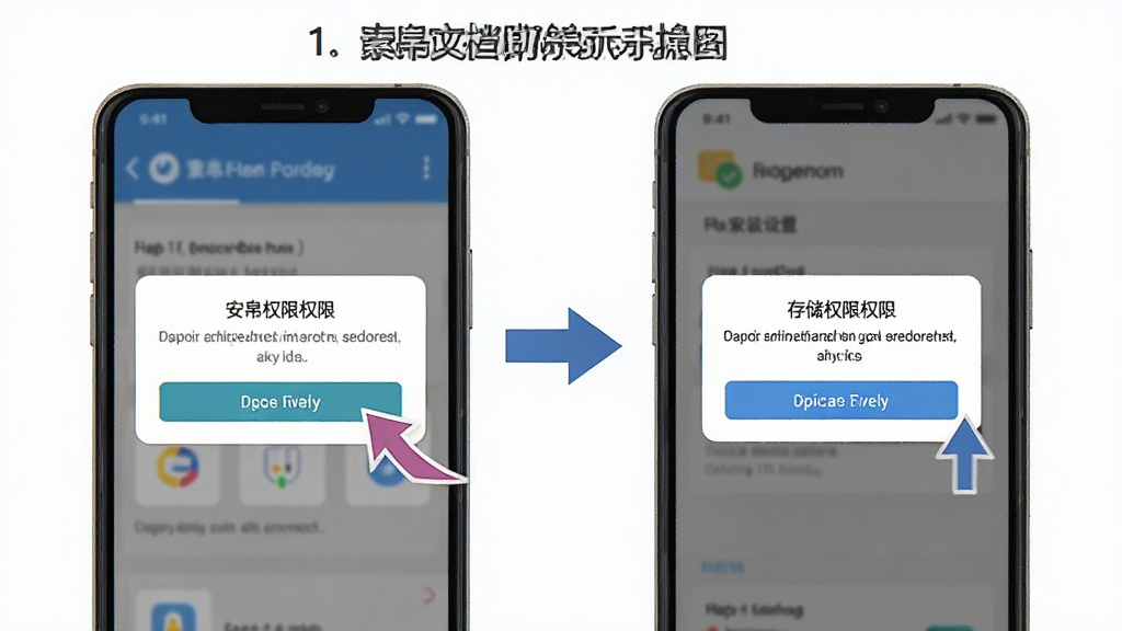 素帛文档助手新手操作示意图,画面展示一部手机屏幕上显示安装权限设置界面和存储权限弹窗,旁边有箭头指示操作步骤,布局为左右分步说明,风格为扁平化教程插图,细节包括清晰的按钮和文字标注,画质清晰,干净,无多余元素
