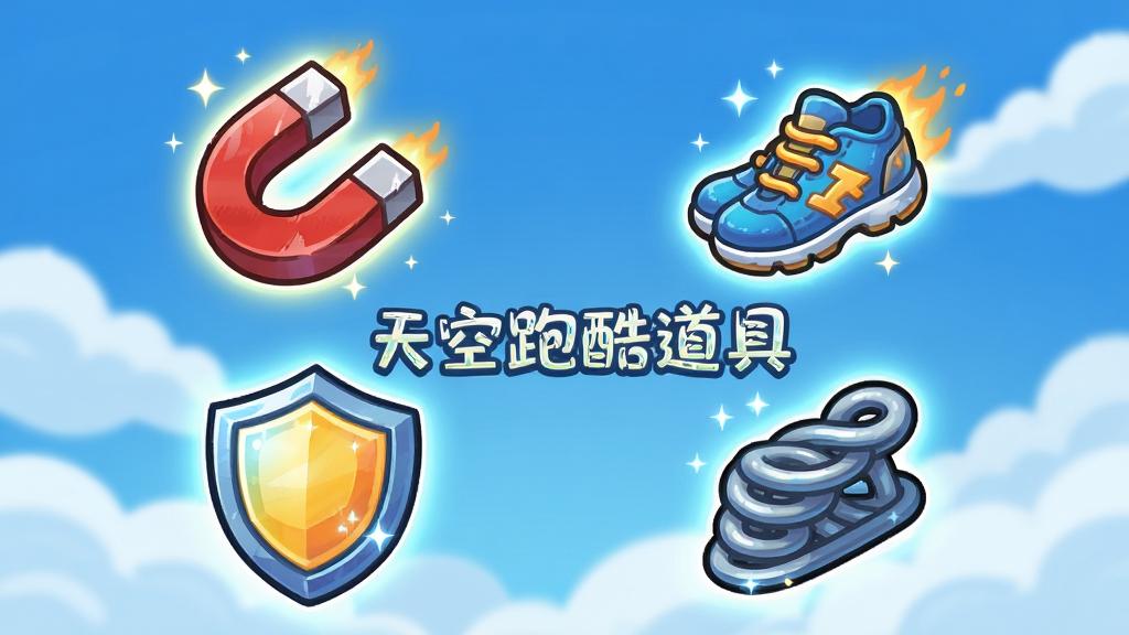 一张游戏道具展示图片,主体是四个悬浮的游戏道具图标,分别是磁铁、加速鞋、护盾和弹簧,背景是蓝天白云,布局为2x2网格排列,风格为卡通图标设计,细节包括每个道具都有发光特效和光晕,画质高清,干净无多余元素,图片中带有文字“天空跑酷道具”