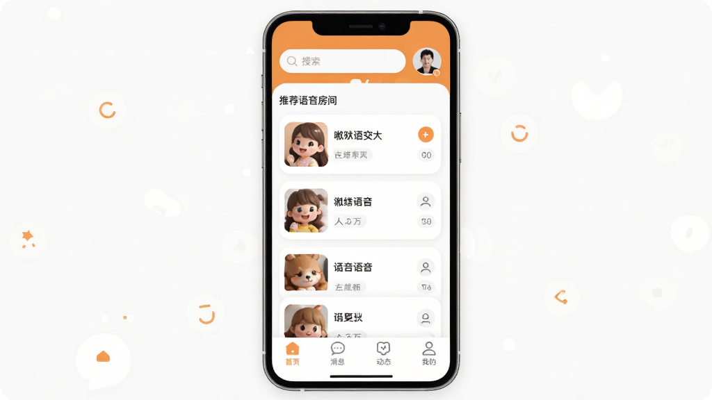 �ֻ���Ļ������ʾ�������APP�������棬�������Բ�ǿ�Ƭ���֣����������������û�ͷ���м����Ƽ����������б���ÿ�����俨Ƭ����ʾ�������ƺ������������ײ�������������ҳ����Ϣ����̬���ҵ��ĸ�ͼ�꣬������ɫ��ů��ɫ�Ͱ�ɫΪ��������������죬����ɾ����࣬�޶���Ԫ�أ����廭��