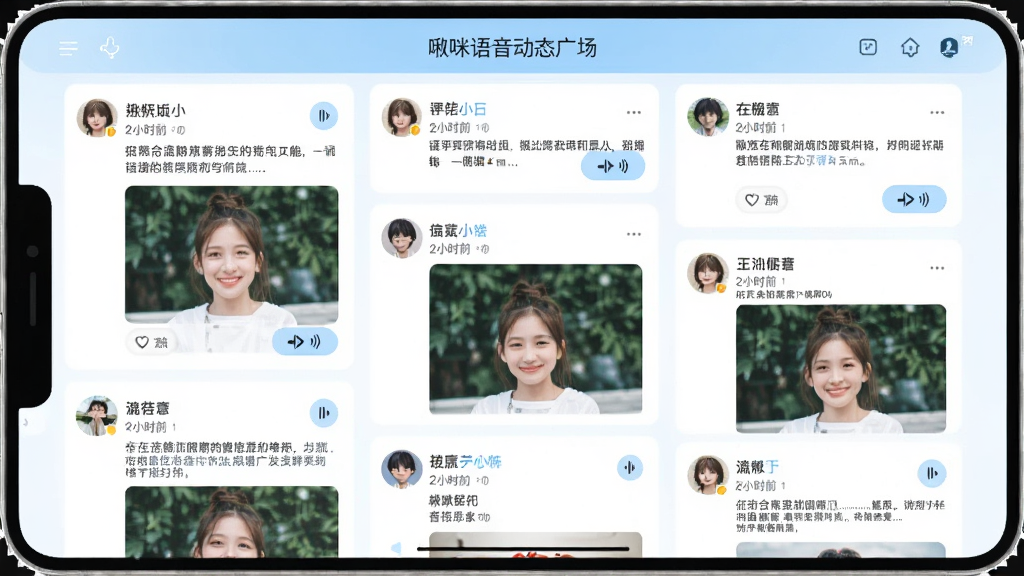 ���������̬�㳡ҳ�棬��Ļ����ʾ�����û���̬��Ƭ��ÿ����Ƭ�����û�ͷ���ǳơ�����ʱ�䡢�������ݺ���ͼ�����ֶ�̬�����������Ű�ť����������ٲ������֣���ɫ��ˬ���԰�ɫ��ǳ��ɫΪ�����Ű����룬���廭�ʣ��޶���Ԫ��