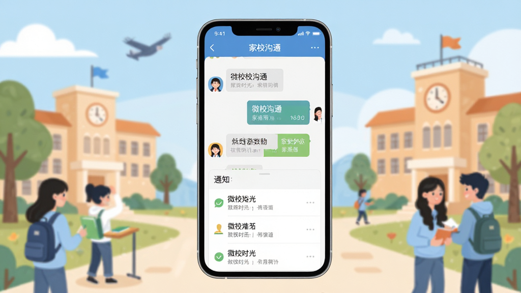 微校时光APP主界面展示,画面中央为手机屏幕,屏幕内呈现家校沟通聊天界面与通知列表,背景为温馨的校园场景,浅蓝色调,扁平化设计风格,细节清晰,画质干净,无多余元素