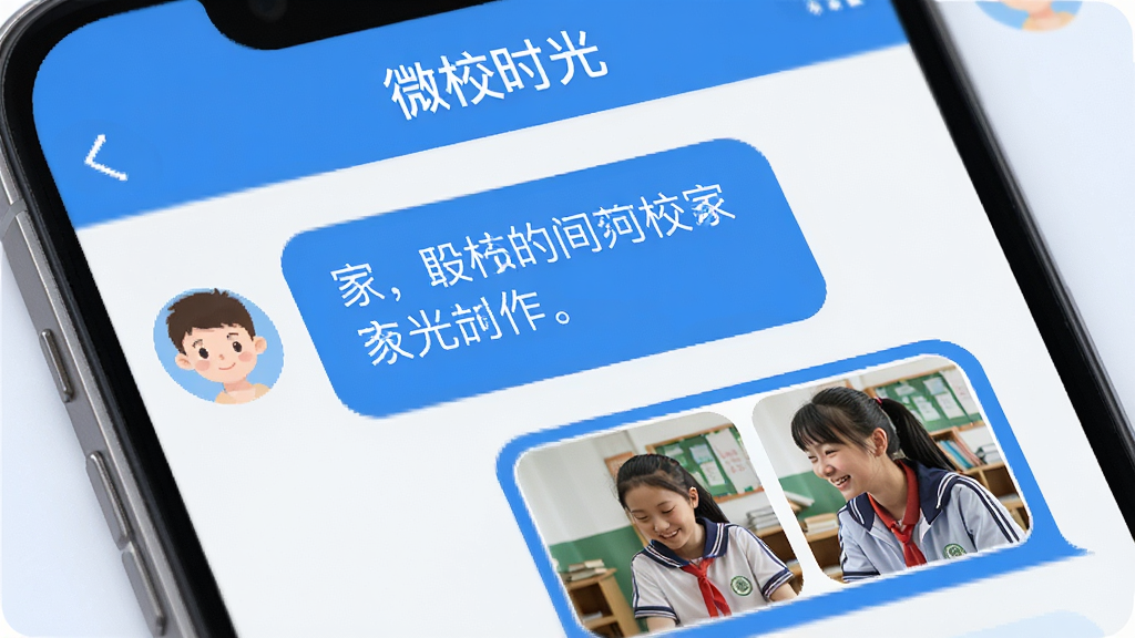 微校时光APP聊天界面特写,显示家长与老师的对话气泡,包含文字消息和图片缩略图,界面顶部显示“微校时光”字样,背景简洁,蓝白配色,扁平化UI风格,细节精致,画质清晰,无多余元素