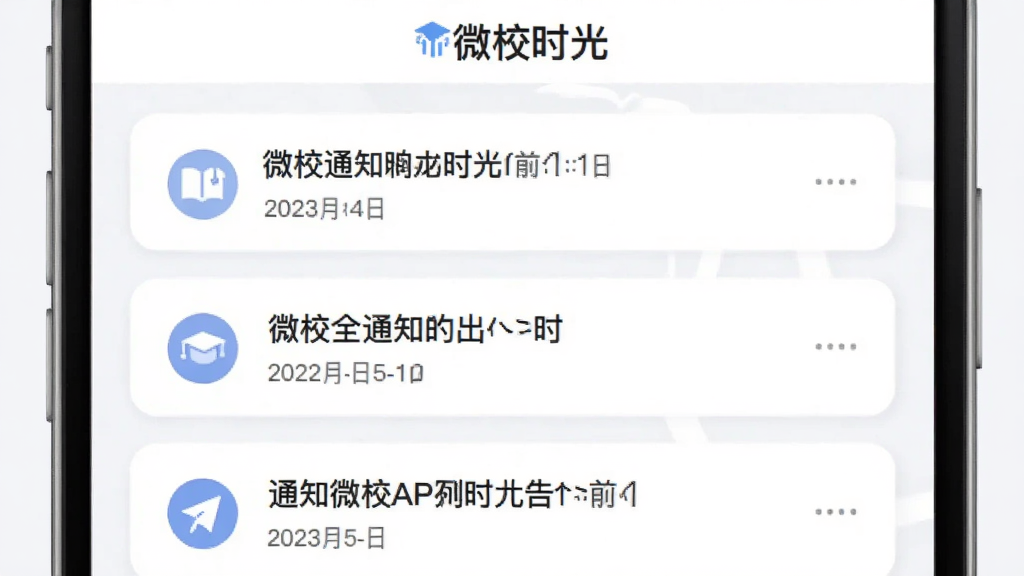 微校时光APP通知公告页面,列表展示多条学校通知,每条通知带有标题、时间和图标,界面顶部有“微校时光”标识,整体采用卡片式布局,浅色背景,简洁现代风格,画质干净,无多余元素