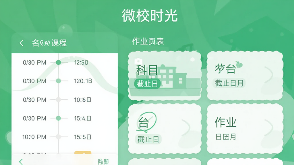 微校时光APP课程表与作业列表界面,左侧显示课程时间轴,右侧显示作业卡片,包含科目名称和截止日期,界面顶部有“微校时光”字样,清新绿色调,扁平化设计,画质清晰,无多余元素