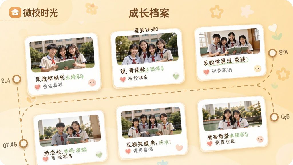 微校时光APP成长档案页面,时间轴形式展示学生活动照片和文字记录,界面顶部有“微校时光”标识,暖色调背景,卡片式布局,风格温馨,画质干净,无多余元素
