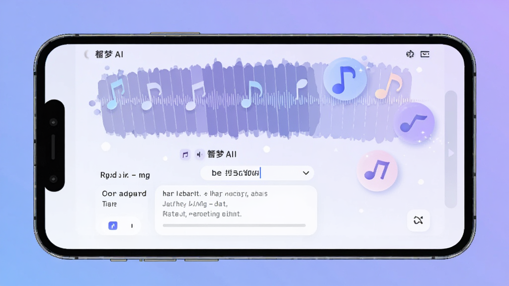 画面中央展示一部智能手机,手机屏幕内呈现音梦AI软件的创作界面,界面上有音符波形与歌词输入框,背景为柔和的蓝紫色渐变,风格为现代科技感扁平插画,细节包括悬浮的音符图标与AI智能光效,画质清晰,干净,无多余元素
