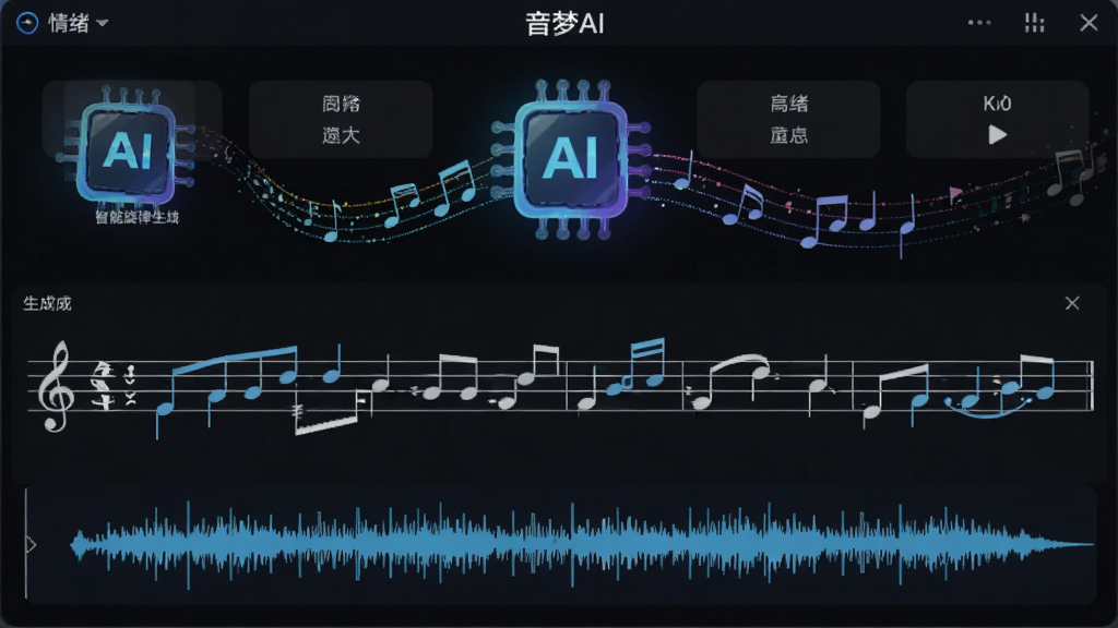 画面主体为音梦AI软件中的智能旋律生成模块界面,布局采用上下结构,上方为情绪选择按钮,下方为生成的五线谱与波形图,风格为简洁科技风,细节包括发光的AI核心图标与流动的音符粒子,画质清晰,干净,无多余元素