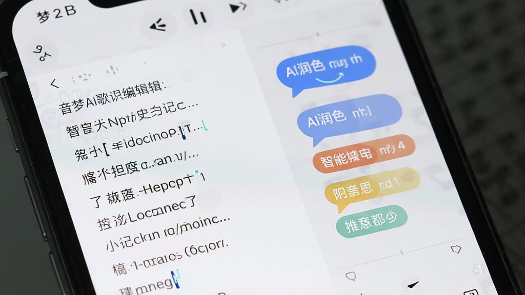 画面展示音梦AI歌词编辑界面,主体为手机屏幕特写,屏幕内显示歌词文本与AI润色建议气泡,布局为左右分栏,风格为清新简约,细节包括光标闪烁效果与智能推荐标签,画质清晰,干净,无多余元素