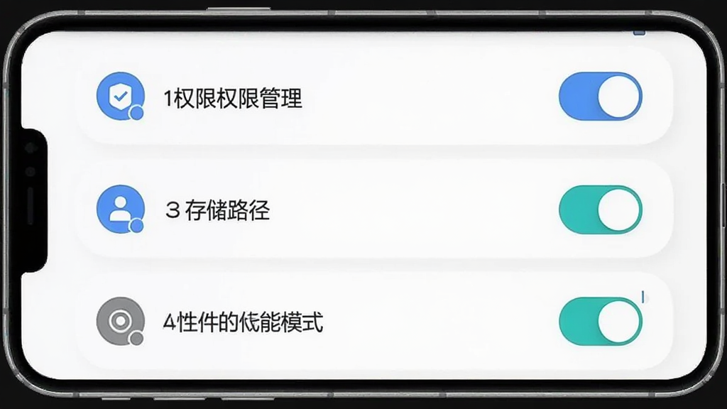 画面展示音梦AI软件设置界面,主体为手机屏幕,屏幕上显示权限管理、存储路径与性能模式开关,布局为纵向列表,风格为扁平化设计,细节包括权限图标与开关按钮的高亮状态,画质清晰,干净,无多余元素