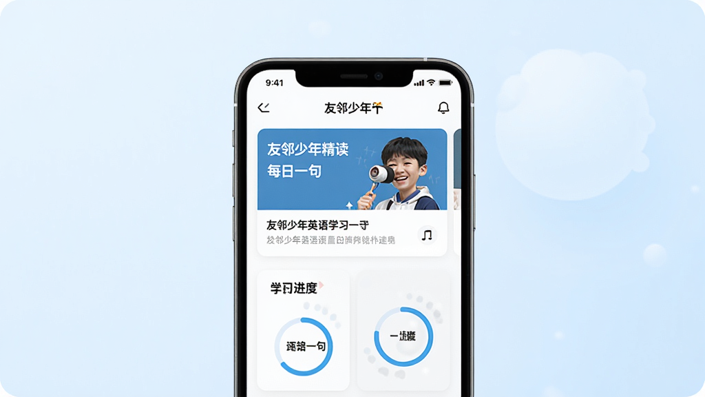 һ��չʾ��������Ӣ��ѧϰAPP���Ľ�����ֻ�����ͼ�������������ֻ���Ļ����Ļ����ʾ��������APP��ҳ�������⿯������Ƭ��ÿ��һ�䡢ѧϰ���Ȼ���ģ�飬����Ϊ����ɫ���䣬������¼�Լ�����������ɾ����޶���Ԫ��