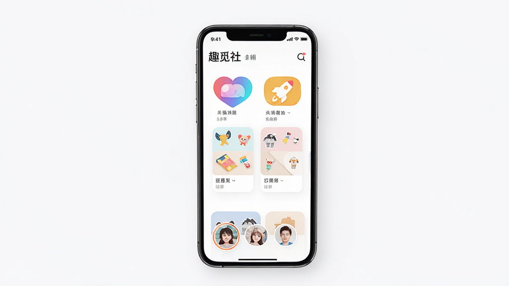 趣觅社 手机应用界面展示,主体为一部智能手机屏幕显示兴趣标签选择页面,布局居中,排版简洁有序,风格现代清新,细节包含彩色兴趣图标和用户头像卡片,画质高清,干净,无多余元素