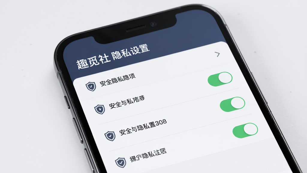 趣觅社 隐私设置页面,主体为手机屏幕展示安全与隐私选项列表,布局为纵向排列的设置项,排版清晰,风格简约商务,细节包含开关按钮和盾牌图标,画质高清,干净,无多余元素