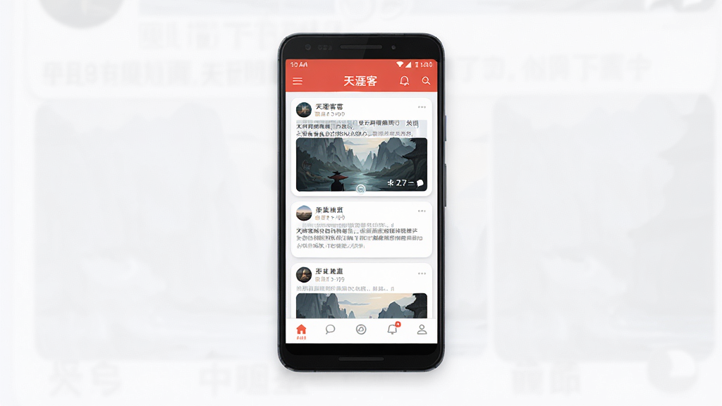 一张展示天涯客APP核心全貌的手机应用界面预览图,主体为居中放置的安卓手机,屏幕内显示天涯客APP首页信息流,包含帖子列表、顶部导航栏和底部菜单,布局简洁清晰,排版采用上下结构,风格为现代扁平化UI设计,细节包括圆角卡片、柔和阴影和清晰的字体层级,画质高清,干净,无多余元素