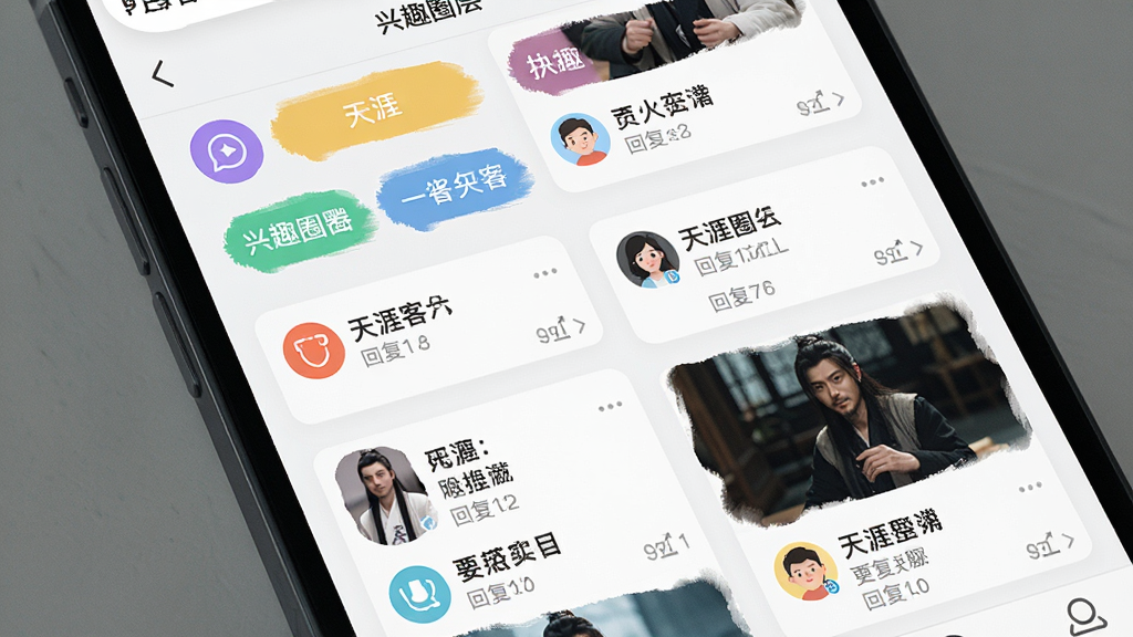 一张展示天涯客APP兴趣圈层功能的界面截图,主体为手机屏幕显示多个彩色兴趣标签和对应的帖子卡片,布局为网格状排列,排版整齐,风格为清新浅色系UI,细节包括标签图标、帖子标题和回复数量,画质清晰,干净,无多余元素