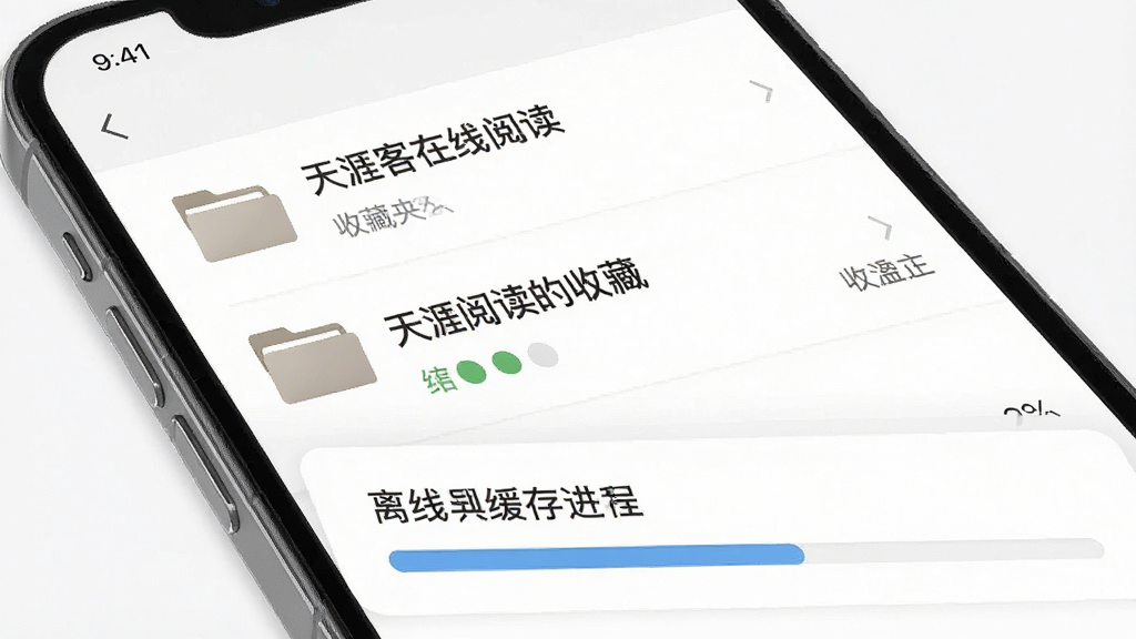 一张展示天涯客APP离线阅读与收藏功能的界面示意图,主体为手机屏幕显示收藏夹列表和离线缓存进度条,布局为上下结构,排版简洁,风格为素雅极简风,细节包括文件夹图标、帖子标题和缓存状态标识,画质高清,干净,无多余元素