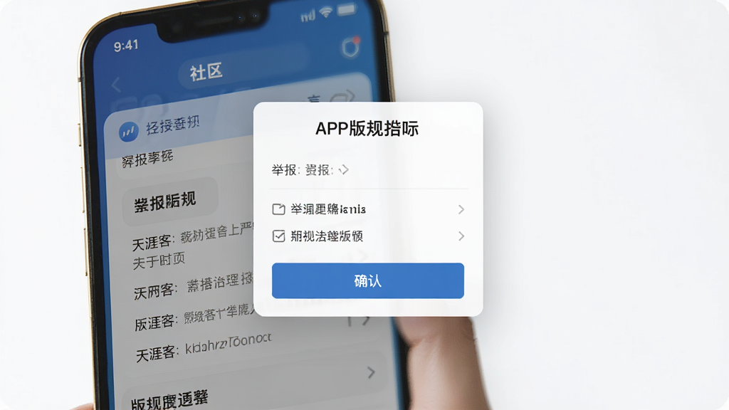 一张展示天涯客APP社区氛围与内容治理功能的界面图,主体为手机屏幕显示举报弹窗和版规提示,布局为居中弹窗式,排版清晰,风格为简约商务风,细节包括举报选项列表和确认按钮,画质清晰,干净,无多余元素