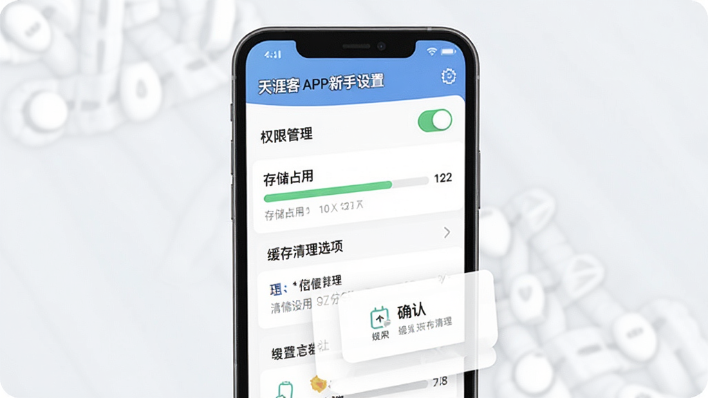 一张展示天涯客APP新手设置界面的示意图,主体为手机屏幕显示权限管理页面和缓存清理选项,布局为列表式排列,排版清晰,风格为清爽素雅风,细节包括开关按钮、存储占用条和确认弹窗,画质高清,干净,无多余元素
