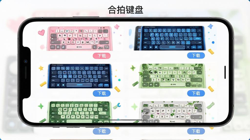 一张合拍键盘皮肤商店界面的图片,画面主体是手机屏幕展示多款键盘皮肤缩略图网格,每款皮肤风格各异,有粉色可爱风、蓝色科技风、绿色清新风,布局采用两列瀑布流排版,风格活泼明快,细节上展示皮肤预览效果和下载按钮,画质高清,干净整洁,图片中文字标注“合拍键盘”