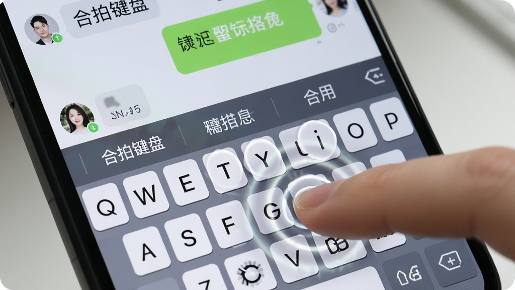 一张合拍键盘打字界面的图片,画面主体是手机屏幕显示聊天窗口,底部是合拍键盘的按键区域,手指正在点击按键,键盘上方显示联想词候选栏,布局为常见的社交聊天界面,风格现代简洁,细节上突出按键的按压动画和音效波纹效果,画质清晰,无多余元素,图片中文字标注“合拍键盘”