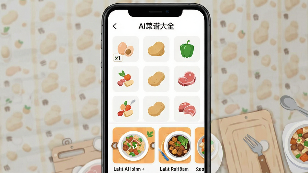 AI菜谱大全智能食材匹配功能界面,主体为手机屏幕显示食材勾选列表和推荐菜谱卡片,布局为上下结构,上方为食材图标网格,下方为菜谱缩略图横滑,风格为扁平化插画,细节包含鸡蛋、土豆、青椒、猪肉等食材图标,画面干净无多余元素,画质清晰,屏幕中显示文字“AI菜谱大全”