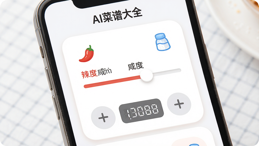AI菜谱大全口味调整功能界面,主体为手机屏幕显示辣度咸度滑块和份量加减按钮,布局为居中卡片式,风格为柔和圆角设计,细节包含红色辣椒图标、蓝色盐罐图标、数字份量显示,画面干净清爽,画质高清,屏幕顶部显示“AI菜谱大全”