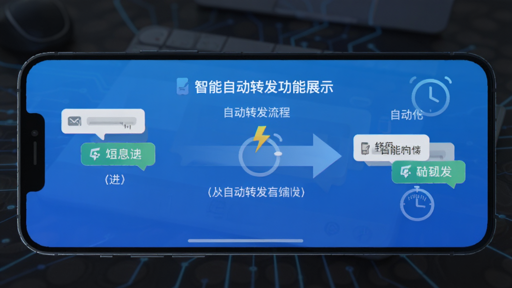 极速短信转发智能自动转发功能展示,主体为手机屏幕显示短信自动转发流程图,布局为左侧短信进入右侧转发出去的箭头连接,排版横向展开,风格为科技蓝渐变扁平化设计,细节包含闪电图标和时钟标识体现速度与自动化,画质高清干净无多余元素