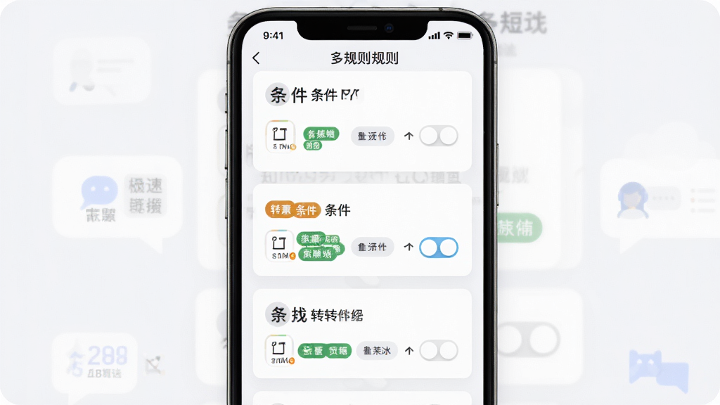 极速短信转发多规则配置界面,主体为手机屏幕显示多条转发规则卡片列表,布局为纵向排列每条规则包含条件筛选和开关按钮,排版整齐有序,风格为清新浅色卡片式设计,细节包含不同颜色标签区分规则类型,画质高清干净无多余元素