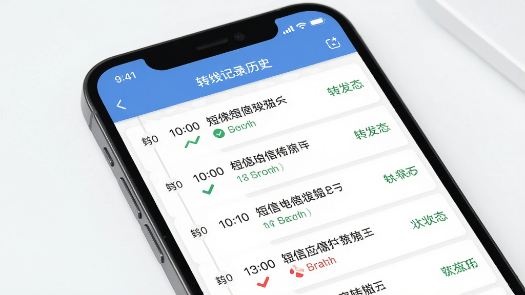 极速短信转发转发记录查询界面,主体为手机屏幕显示转发历史记录列表,布局为纵向时间轴排列每条记录包含时间短信内容和转发状态,排版清晰易读,风格为素雅极简设计,细节包含绿色成功标识和红色失败标识,画质高清干净无多余元素