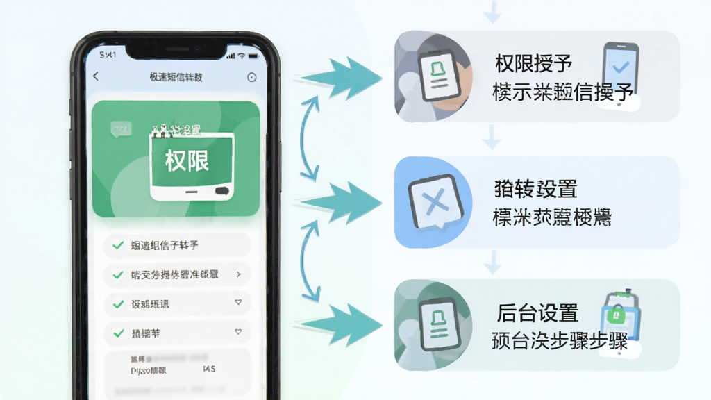 极速短信转发上手设置操作流程图,主体为手机屏幕显示权限授予和后台设置步骤,布局为分步骤纵向排列每步配图标说明,排版清晰直观,风格为友好引导式扁平化设计,细节包含勾选标记和箭头指引,画质高清干净无多余元素