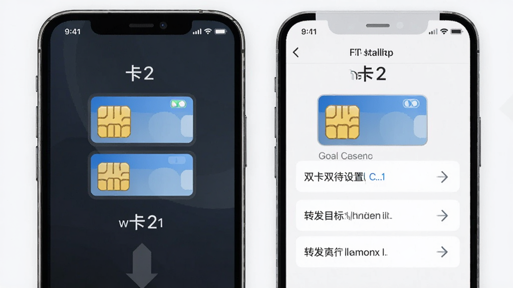 极速短信转发双卡双待功能展示,主体为手机屏幕显示双SIM卡槽图标和分别对应的转发目标设置,布局为左右对称双列排版,风格为简约商务扁平化设计,细节包含卡1卡2标识和各自独立的转发箭头,画质高清干净无多余元素