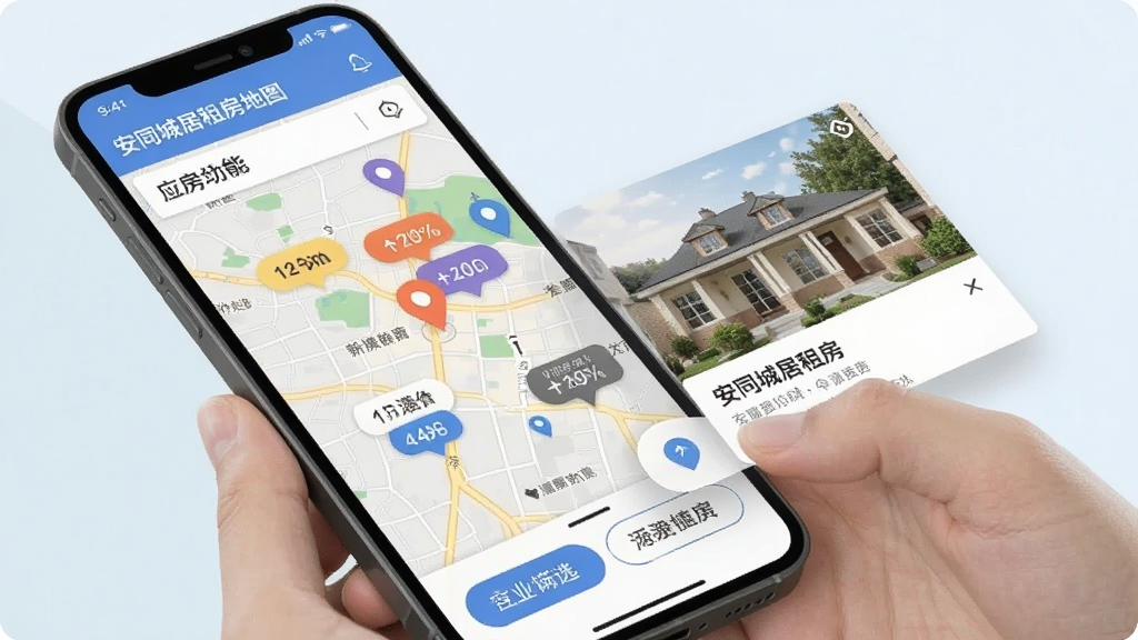 安同城居租房地图找房功能界面,手机屏幕显示城市地图与房源价格气泡,主体为手机与地图交互场景,布局采用对角线构图突出地图区域,排版展示底部筛选按钮与房源弹窗,风格为扁平化设计,细节包含彩色定位图标与半透明浮层,画质清晰,干净,无多余元素