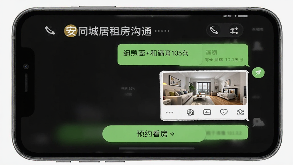 安同城居租房在线沟通界面,手机屏幕展示聊天对话框与预约看房按钮,主体为手机聊天场景,布局采用左右对话气泡排版,风格为现代社交应用风格,细节包含时间戳与房源卡片链接,画质清晰,干净,无多余元素