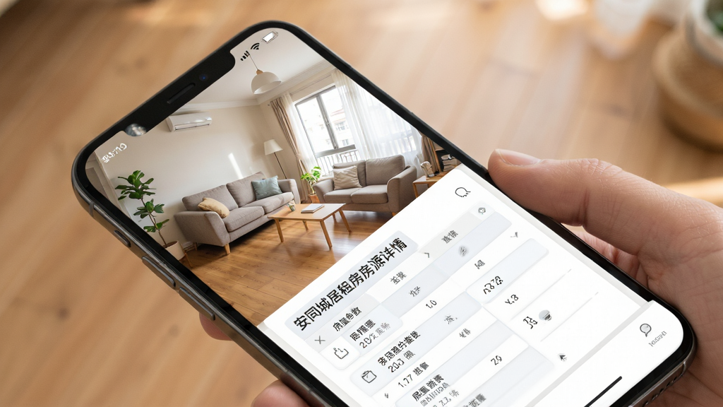 安同城居租房房源详情页面,手机屏幕中展示客厅实拍图与房屋参数列表,主体为手机界面特写,布局采用上下结构,排版突出图片与信息表格,风格为清爽生活化,细节包含木质地板与自然光线,画质高清,干净,无多余元素