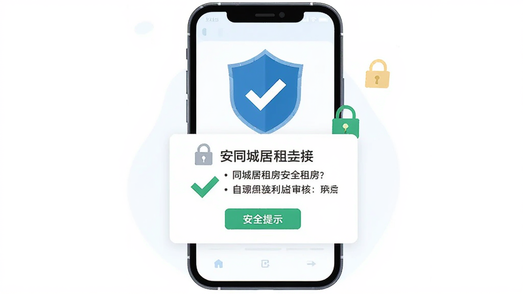 安同城居租房安全租房提示插画,主体为手机屏幕显示房源审核标识与安全提示弹窗,布局采用居中构图,排版展示盾牌图标与文字提示,风格为扁平化安全主题,细节包含绿色勾选标记与锁形图标,画质清晰,干净,无多余元素