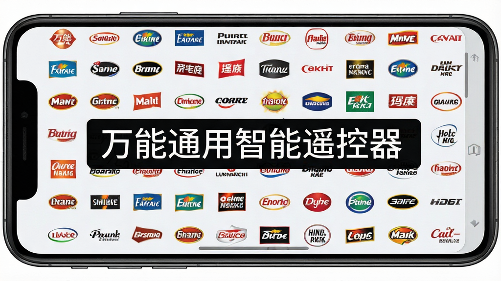一张展示万能通用智能遥控器海量码库界面的图片,画面中手机屏幕显示着密密麻麻的品牌Logo列表,以网格形式排列,布局整齐,排版为上下滑动列表,风格为扁平化设计,细节包括品牌图标的色彩和清晰度,画质干净,无多余元素,图片中央带有文字“万能通用智能遥控器”