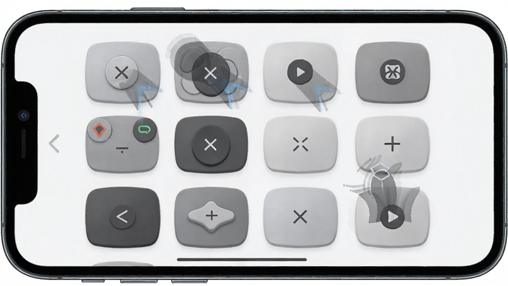 一张展示万能通用智能遥控器自定义按键界面的图片,画面中手机屏幕显示着可拖拽的遥控器按钮编辑状态,布局为网格状,排版自由灵活,风格为现代简约科技风,细节包括按钮的立体感和拖拽动画的残影,画质清晰,干净,无多余元素