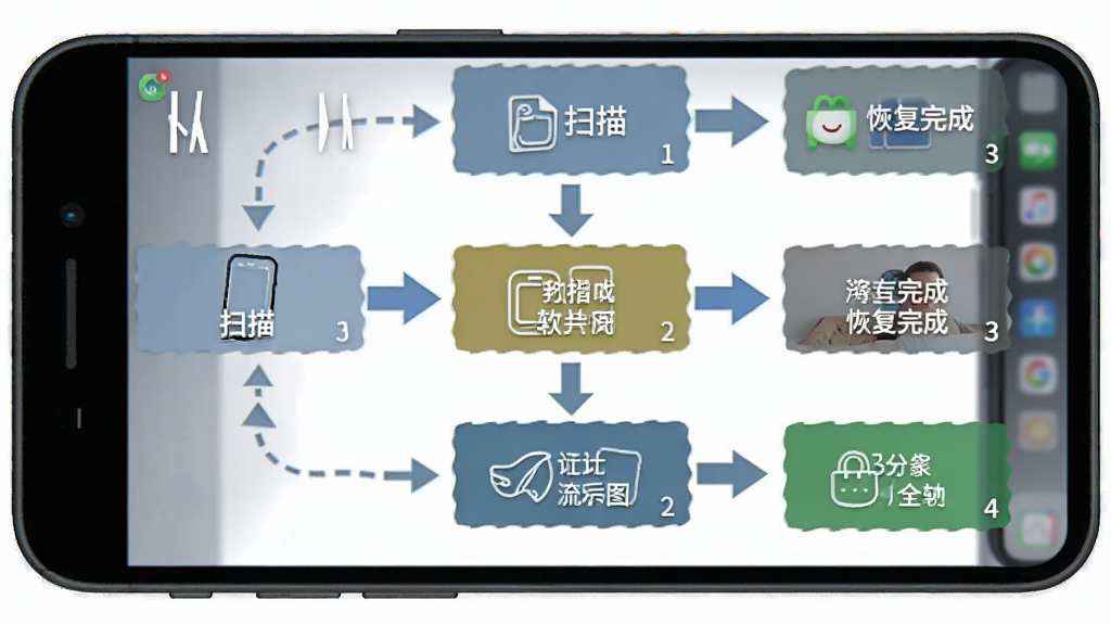 一款名为刚刚的手机数据恢复软件操作流程图,主体是手机屏幕显示从扫描到恢复完成的步骤指引,布局为纵向流程图排列,排版清晰,风格为扁平化设计,细节包含箭头指示和步骤编号,画质高清,干净,无多余元素