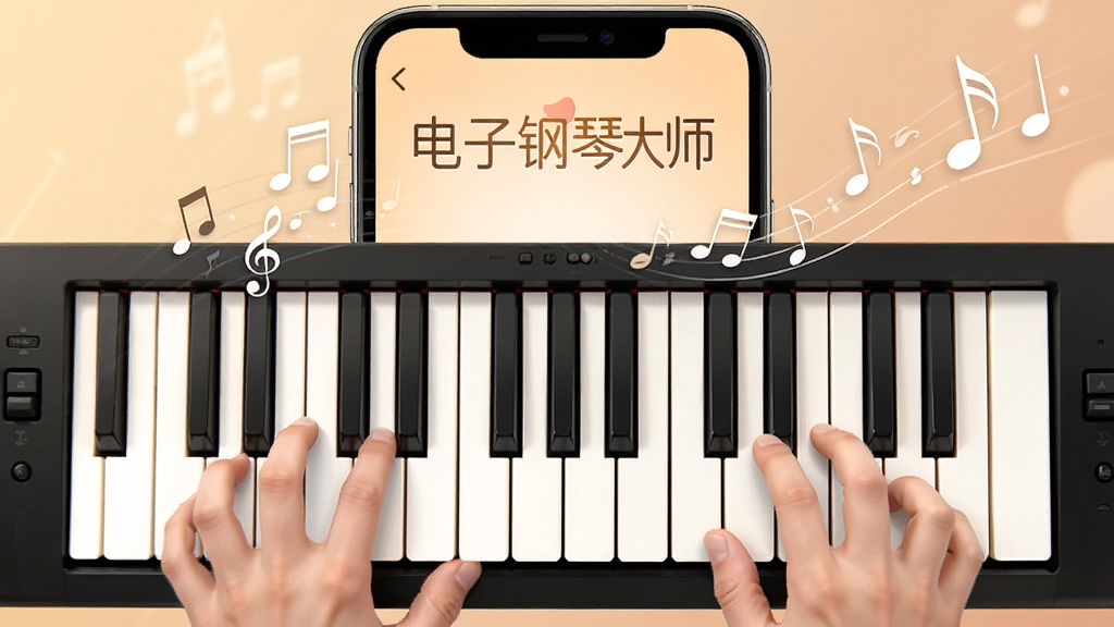 一张展示电子钢琴大师手机应用界面的图片,画面中央是完整的钢琴键盘,琴键上有手指正在弹奏,背景是柔和的暖色调,屏幕上方显示着电子钢琴大师的应用名称,周围有音符飘动,整体风格清新简洁,画质清晰,干净无多余元素。