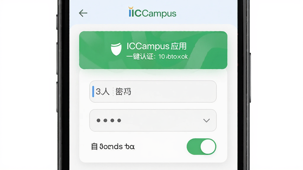������ICampusӦ�õ�һ����֤���ܽ��棬����Ϊ�ֻ���Ļ��д���У��Ű���ÿ�Ƭʽ��Ϣչʾ�����Ϊ����ǳɫϵUI��ƣ�ϸ�ڰ�����֤�ɹ���ɫ��ʾ��ѧ���������������Բ�㡢�Զ���¼���ذ�ť�����������ɾ��޶���Ԫ�ء�