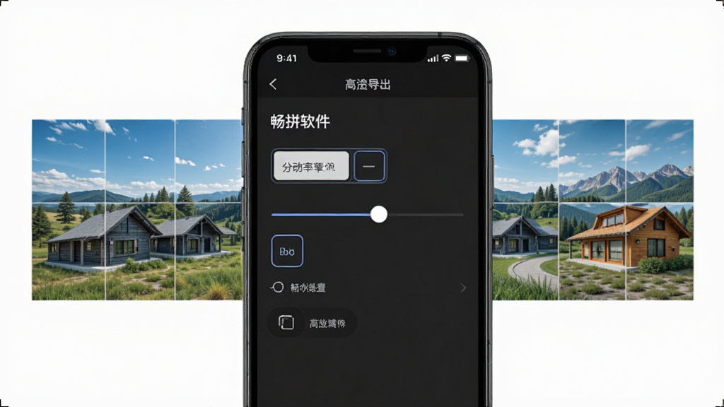 畅拼软件的高清导出设置界面,手机屏幕中显示分辨率选择滑动条和格式选项,背景是拼接完成的高清长图预览,画面干净整洁,风格专业,细节丰富,画质清晰
