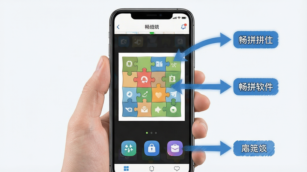 畅拼软件在手机上的操作示意图,画面中一只手拿着手机,屏幕显示拼图编辑界面,旁边有箭头标注各个功能按钮,背景简洁,风格清新,画质干净,无多余元素